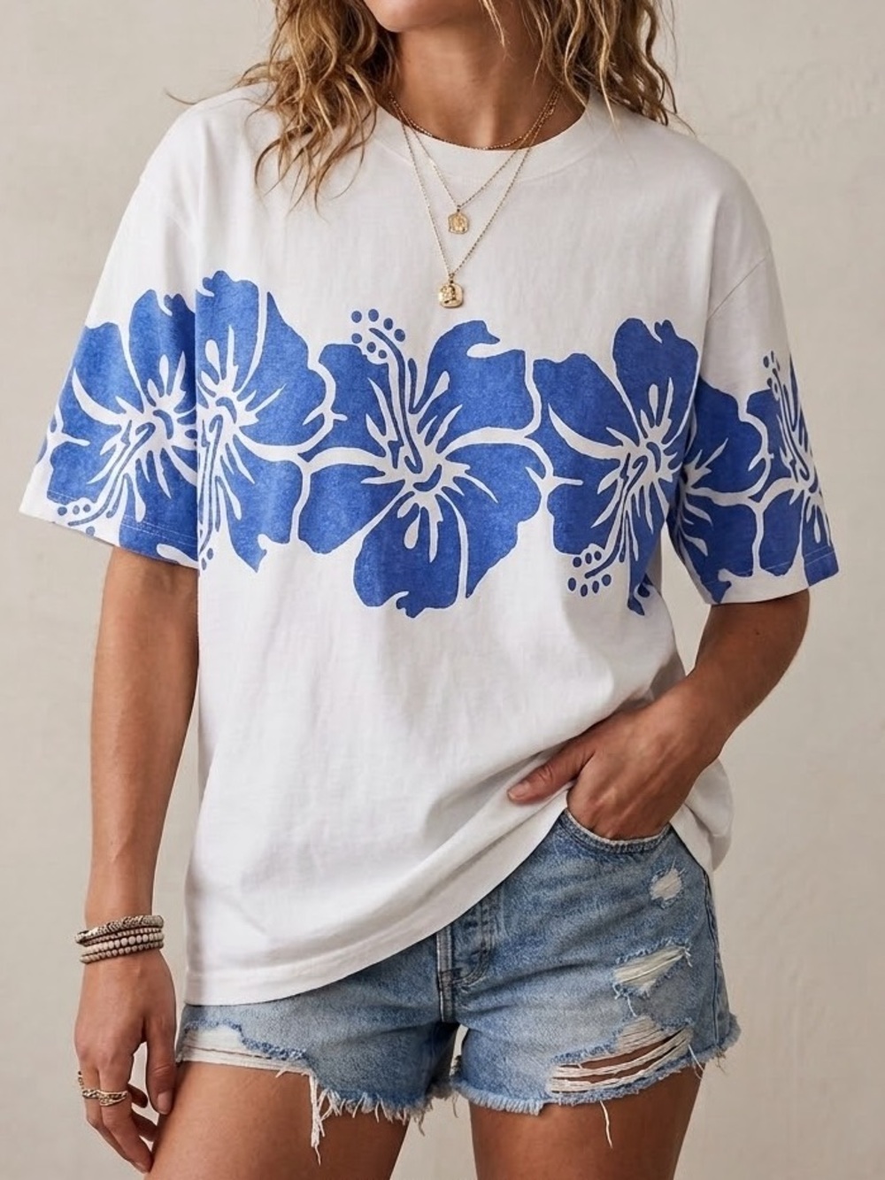 Free People x The Bureau White Floral Print Tee with Blue Hibiscus O/S
